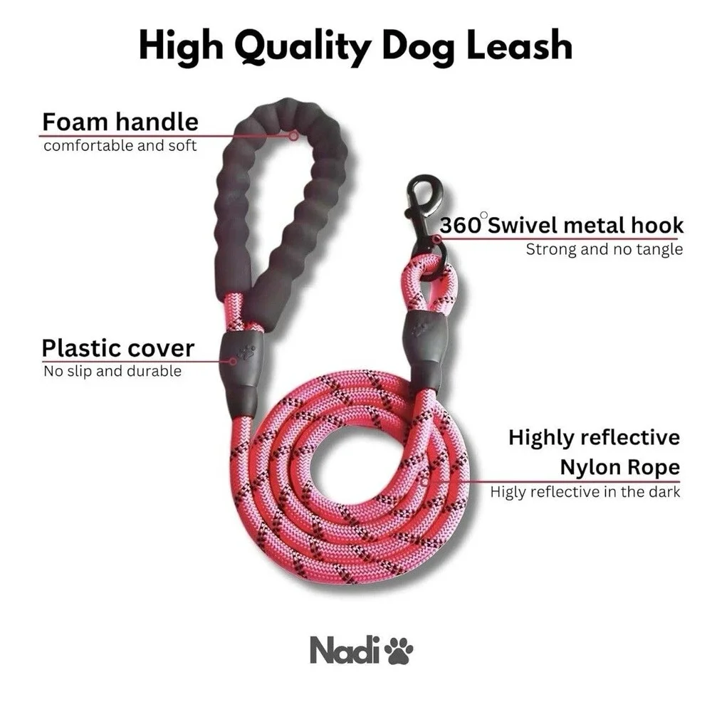 Reflective Heavy Duty Dog Leash 5FT with Padded Handle | Durable Rope pink